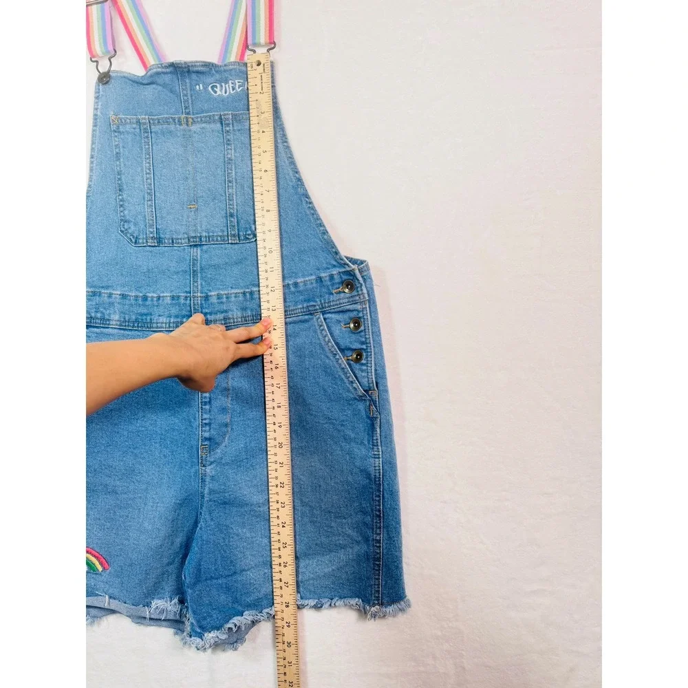 Women's Rainbow Strap Denim Shortalls Blue Queen Embroidered Jean Overalls - Picture 3 of 10